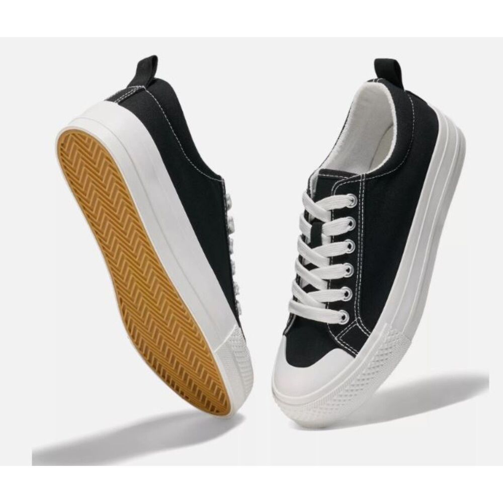 Heez Black Canvas Platform Sneakers Women's 7 Lace Up New With Tags Casual Shoe - Picture 6 of 9